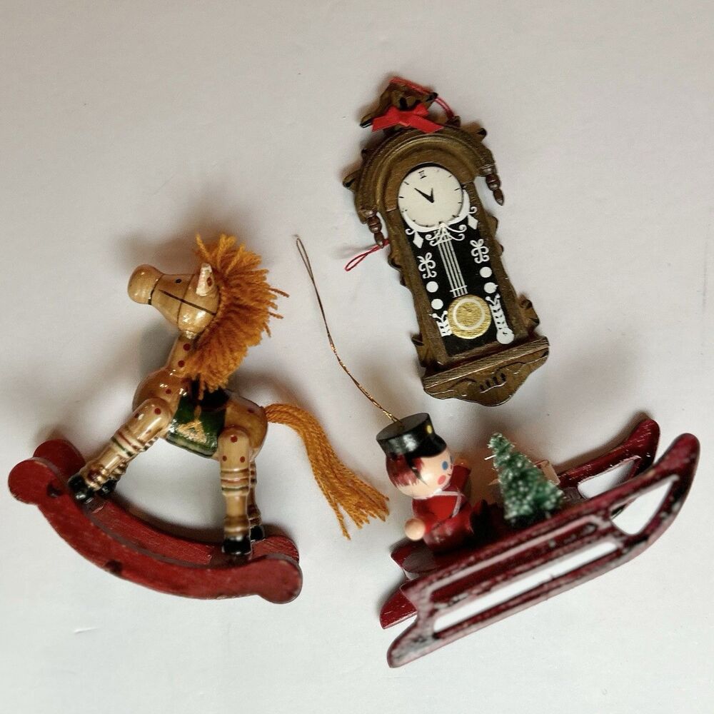 VTG 80s Wooden Christmas Ornament Lot- 3p Rocking House, Burgundy & Brown 2583